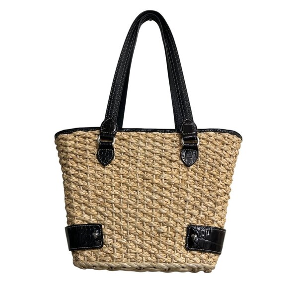 Brighton Cody Woven Straw Tote Bag Black-Leather-Trim Basket Weave Floral-Inside - Picture 2 of 7